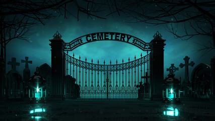 Cemetery front entrance gate with shining lanterns around at dark night. Halloween holiday theme 3d background illustration.