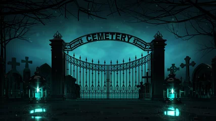 Fotobehang Cemetery front entrance gate with shining lanterns around at dark night. Halloween holiday theme 3d background illustration. © LeArchitecto