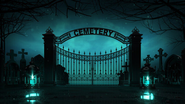 Cemetery front entrance gate with shining lanterns around at dark night. Halloween holiday theme 3d background illustration.