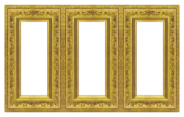 Panoramic golden frame for paintings, mirrors or photo isolated on white background. Design element...