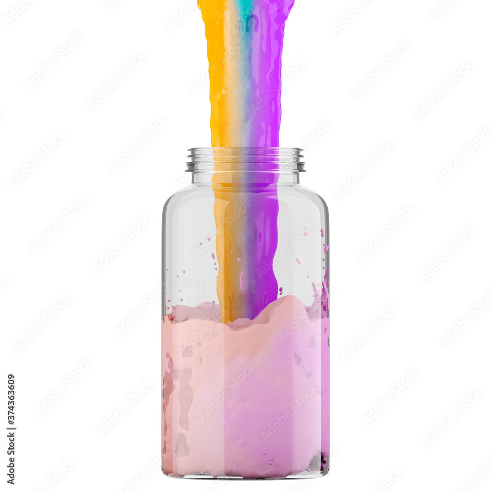 Poster a multi-colored stream pours into a transparent jar on a white background. 3d rendering