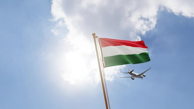 Flag of Hungary Waving with Airplane arriving or departing, Realistic Animation