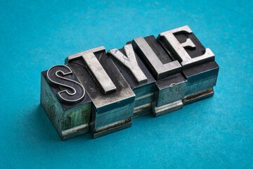style word abstract in gritty vintage letterpress metal types, mixed fonts, fashion, design and format concept