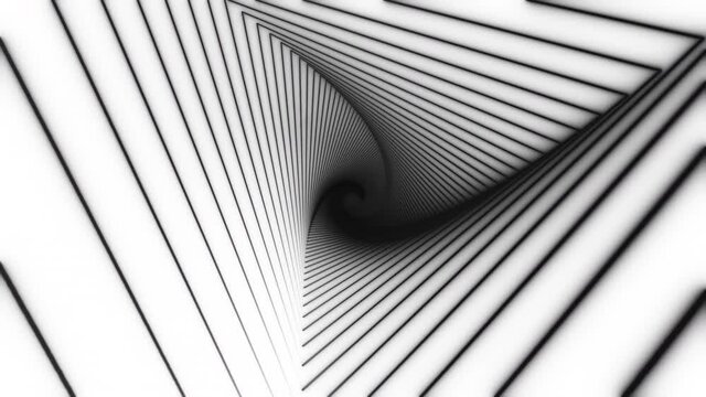 Blac triangular tunnel moves in a spiral on a white background. Animation for music videos, nightclubs, LED screens, projection shows, video mapping, audiovisual performances. 3d rendering