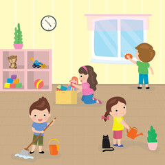 Group of children doing the cleaning. Household concept background.