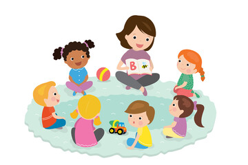 Elementary students and teacher. Children education and upbringing in the kindergarden