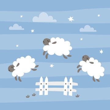 Funny cartoon sheep jump over the fence. Count sheep to fall asleep,fun background