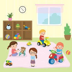 Cute and happy caucasian children playing toys. One unhappy girl without toy. Cartoon playroom in kindergarten,
