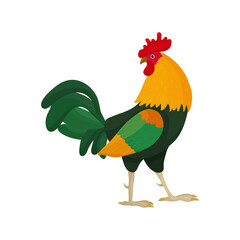 Vector illustration of a rooster in cartoon style with green feathers in the tail looks back. Bright rooster as a symbol or mascot for children's books, clothing design and postcards with letters.