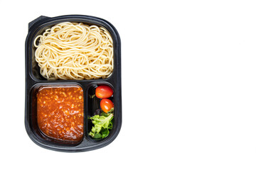 Spaghetti Tomato Sauce, black plastic food container ordered online, eat at home, isolated on white background.