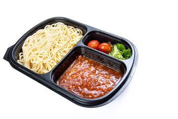 Spaghetti Tomato Sauce, black plastic food container ordered online, eat at home, isolated on white background.