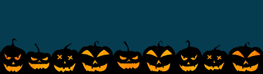 Naklejka premium HALLOWEEN background banner wide panoramic panorama template -Silhouette of scary carved luminous cartoon pumpkins isolated on dark blue texture