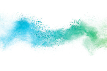 Green powder explosion on white background.
