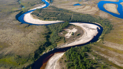 Landscape of the forest-tundra and the sandy river bank, bird's eye view.Arctic Circle, tunda....