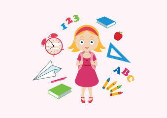 Cute little girl with school supplies vector. Happy schoolgirl with a school backpack vector. School children cartoon character. Adorable caucasian girl with school supplies icon set