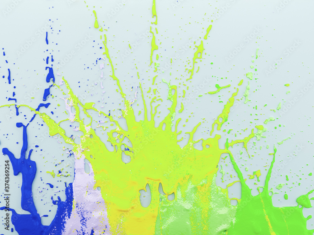 Poster volumetric splashes of bright multi-colored paints on a light background. 3d rendering
