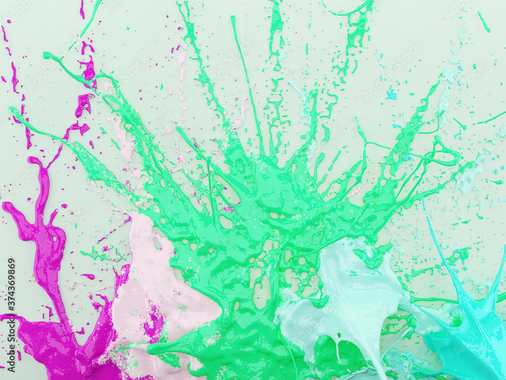 Poster bright dense splashes of multi-colored paints on a light background. 3d rendering
