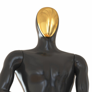 Black male mannequin with a golden face. The upper part of the body from the belt on a white background. 3d rendering.