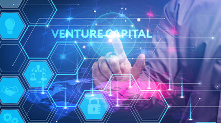 Fototapeta premium Business, Technology, Internet and network concept. Young businessman working on a virtual screen of the future and sees the inscription: