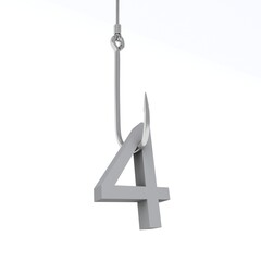 3D illustration of number 4 caught on a fish hook