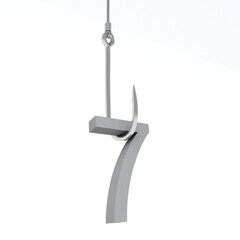 3D illustration of number 7 caught on a fish hook