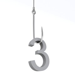 Obraz premium 3D illustration of number 3 caught on a fish hook