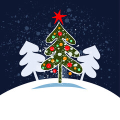 Obraz premium Christmas greeting card with cute Christmas tree on a blue dark textured background. Copy space. 