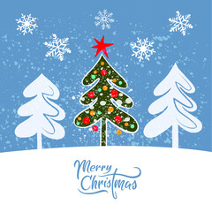 Obraz premium Christmas card. Christmas tree and inscription Merry Christmas. Winter background.