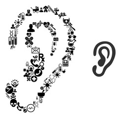 Mosaic ear of medicine items and basic icon. Mosaic vector ear is created of medical items. Flat design elements for pandemic purposes. Illustration is based on ear pictogram.