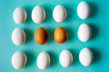 Minimalism style. Flat lay eggs in raw on blue background.