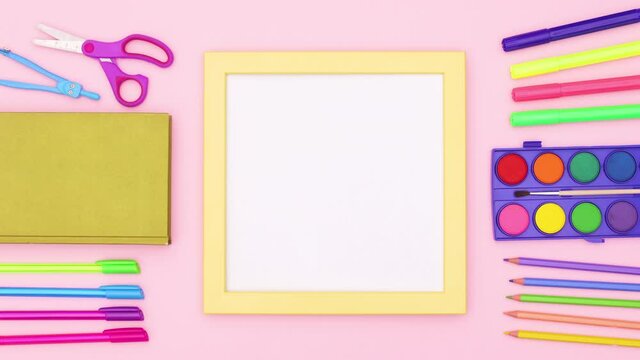 School stationery appear around frame with white theme for text on pink background. Stop motion 