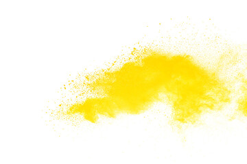 Yellow powder explosion isolated on white background.