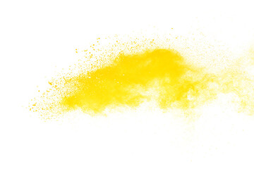 Yellow powder explosion isolated on white background.