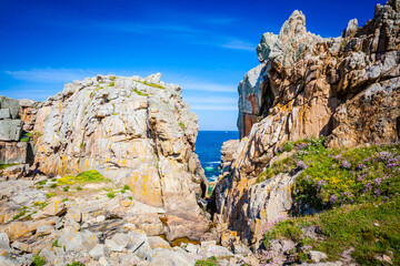 Rocky coast called Le Gouffre at the coast of Brittnay, France