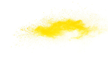 Yellow powder explosion isolated on white background.