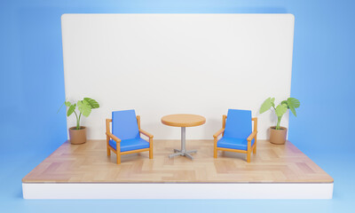 chairs and table on the wooden stage, 3D Rendering - 374375679