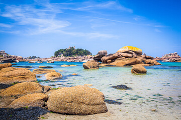 Rocks and small islands in the bay of Perros-Guirec, Brittany, France