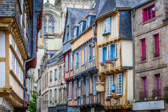Old houses and cathedral in Quimper, Brittany, France