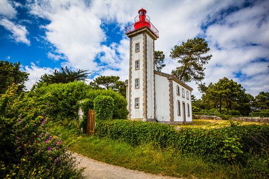 Historic lighthouse at the harbour of Benodet in Brittany, France