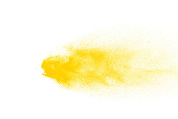 Yellow powder explosion isolated on white background.