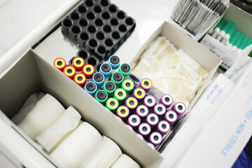 Medical test tubes with colored caps for various tests of blood, other liquids