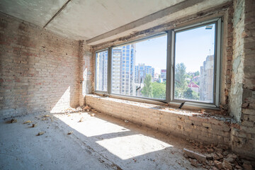 Empty unfinished interior with natural light. Hotel apartment construction  - 374378297