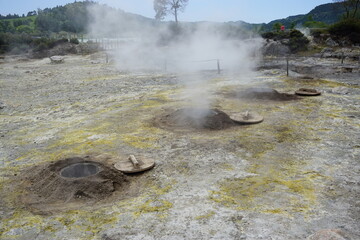 alternative cooking in the many smoking geysers at Caldeiras das Furnas, San Miguel Island, Azores,...