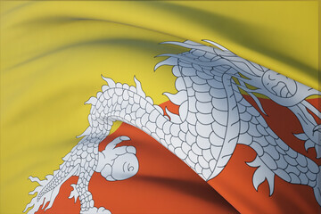 Waving flags of the world - flag of Bhutan. Closeup view, 3D illustration.