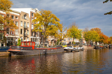 Old freight ships in the Grachten of Amsterdam, Netherland