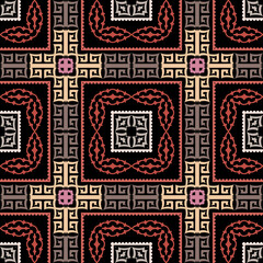 Tartan greek vector seamless pattern. Abstract tribal ethnic arabesque style  background. Repeat colorful arabic backdrop with lines, shapes. Greek key meanders geometric plaid ornaments.