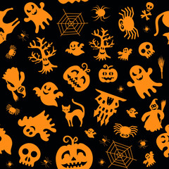 Seamless vector pattern for Halloween design. Halloween symbols: ghost, bat, pumpkin in cartoon style. Vector Illustration.	
