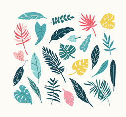 Vector illustration of tropical leaves in blue, green, pink, and yellow colors. 