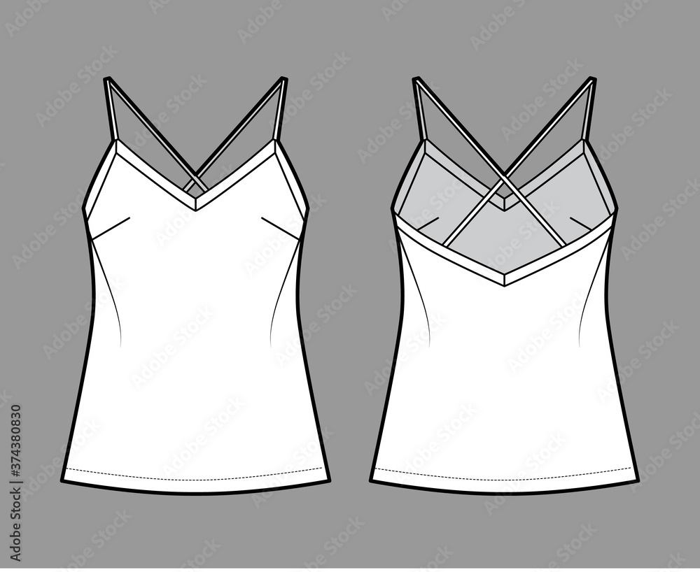 Wall mural Camisole technical fashion illustration with flattering V-neck, crisscross spaghetti straps, relaxed fit. Flat outwear tank apparel template front, back, white color. Women, men shirt top CAD mockup - Wall murals