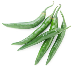 Group of green bitter peppers on white background, isolated. Top view